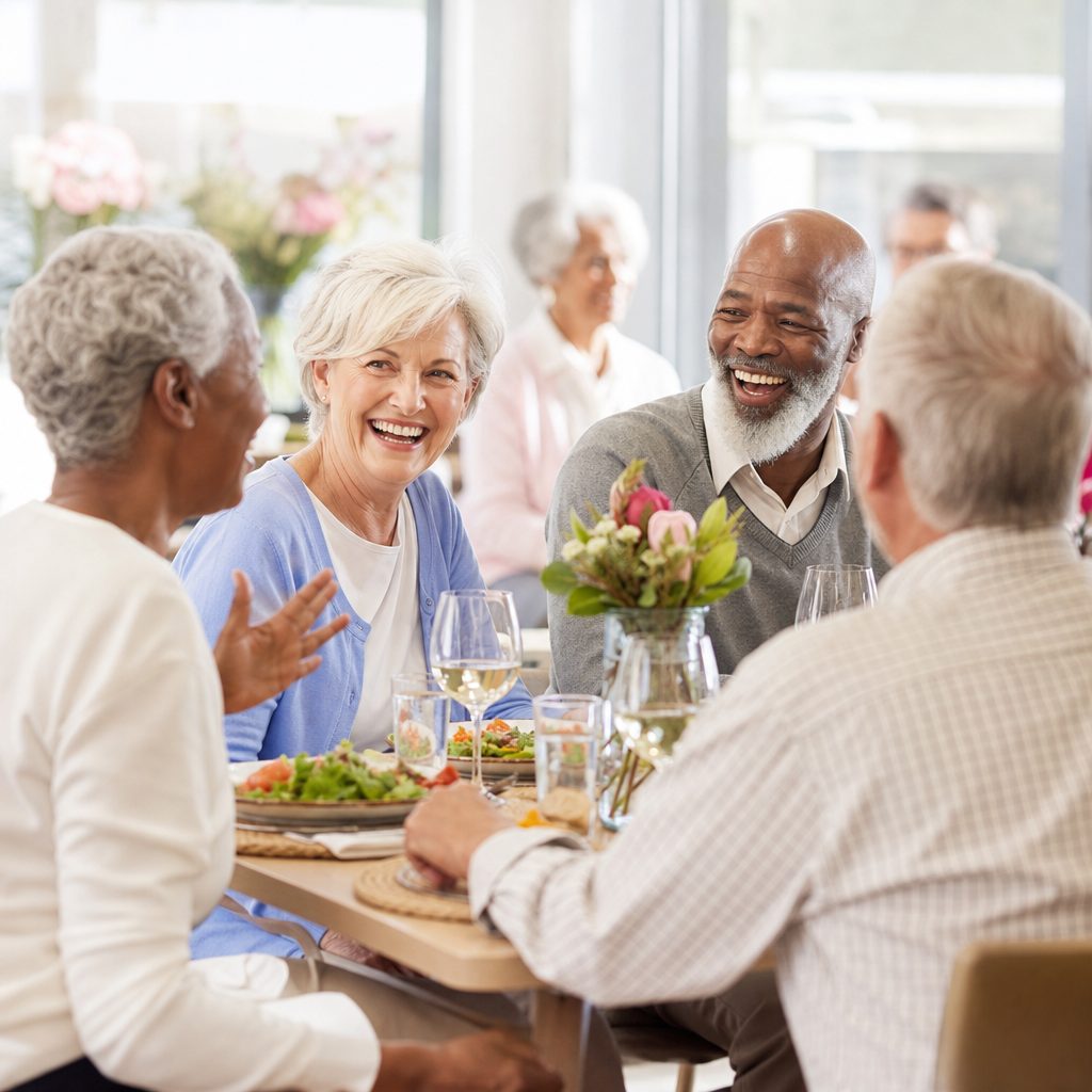 A group of happy diverse seniors laughing together over a shared meal at a dining table