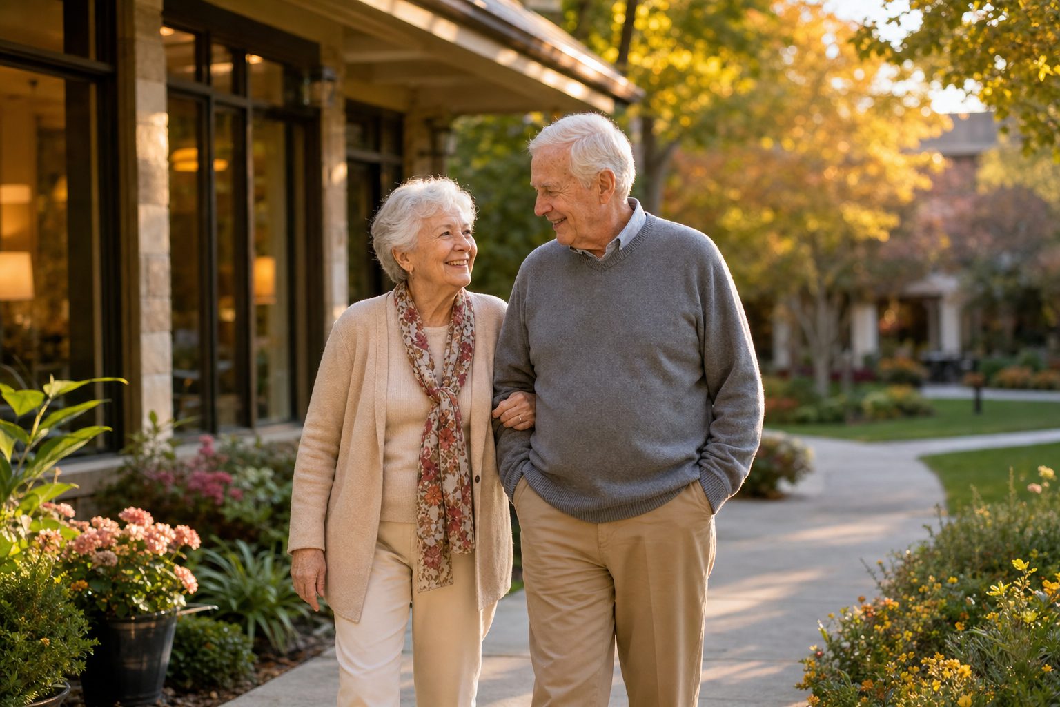An older couple walking arm in arm along a garden path outside a welcoming residential community