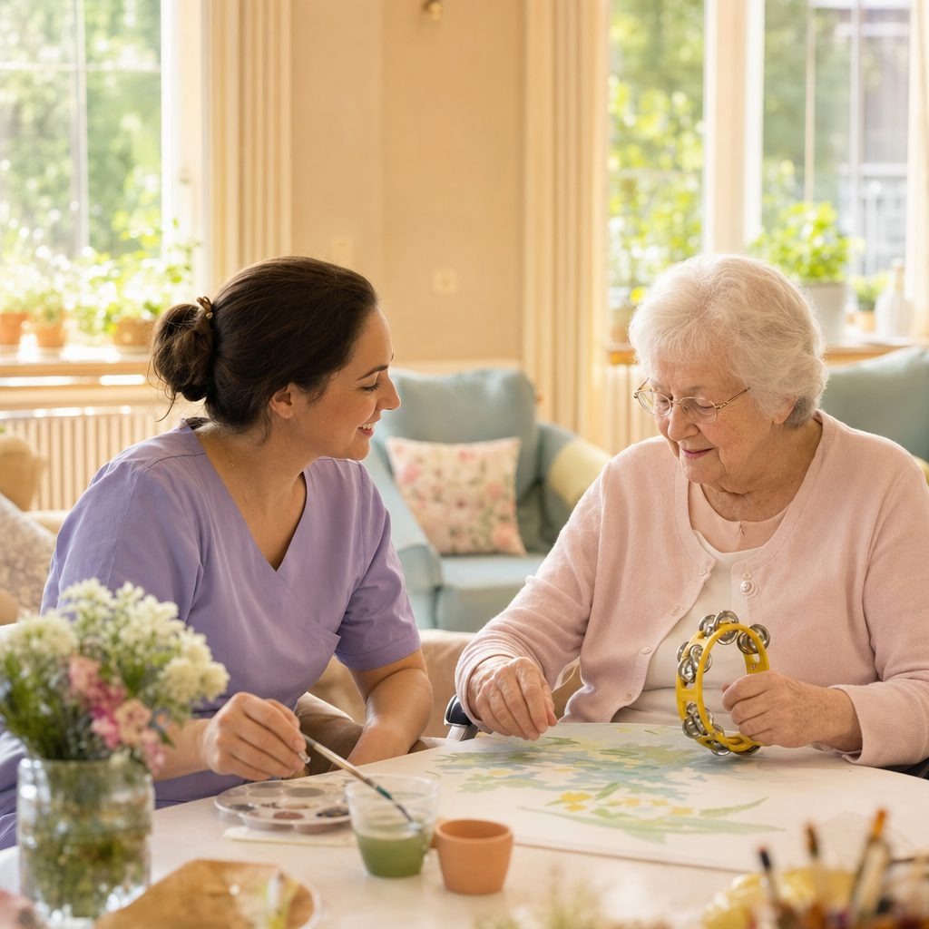 A caregiver and an older woman doing a gentle art activity together at a sunlit table